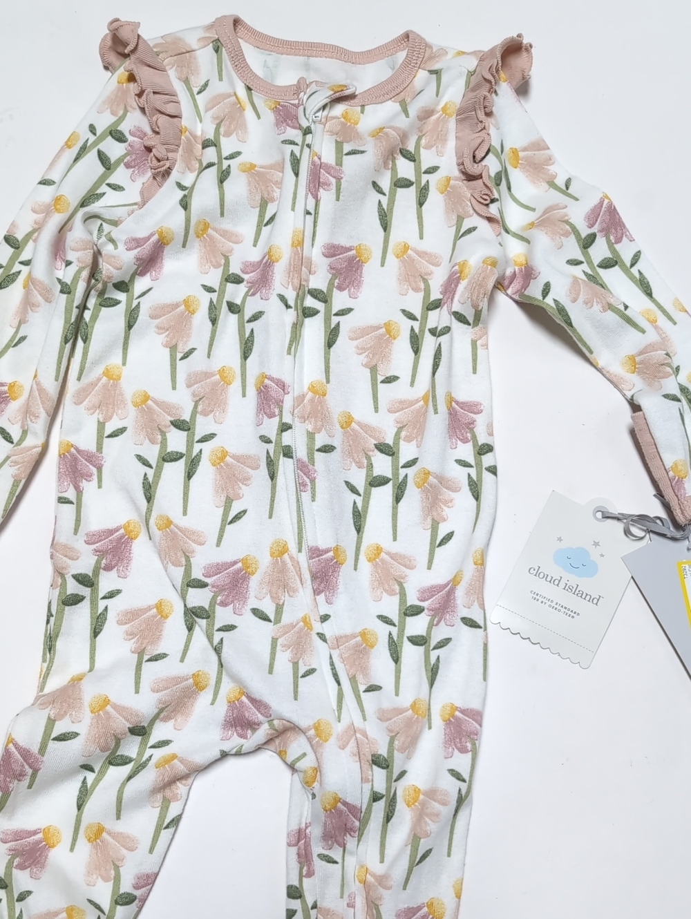 cloud island White Floral Zip-Front Footed Sleep Sack with Pink Ruffle Sleeves